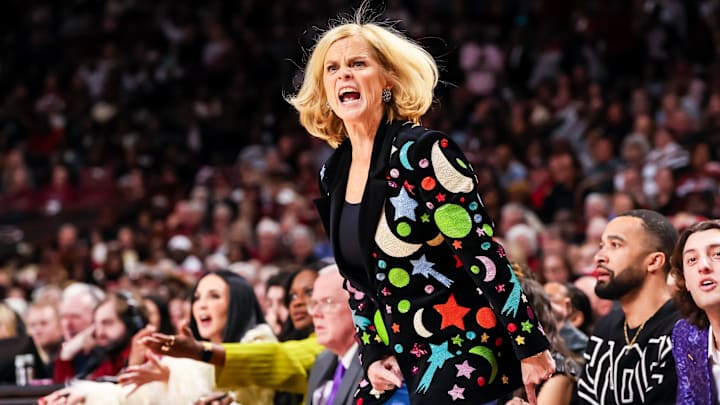 Jan 24, 2025; Columbia, South Carolina, USA; LSU Lady Tigers head coach Kim Mulkey reacts to a play against the South Carolina Gamecocks in the second half at Colonial Life Arena. Mandatory Credit: Jeff Blake-Imagn Images