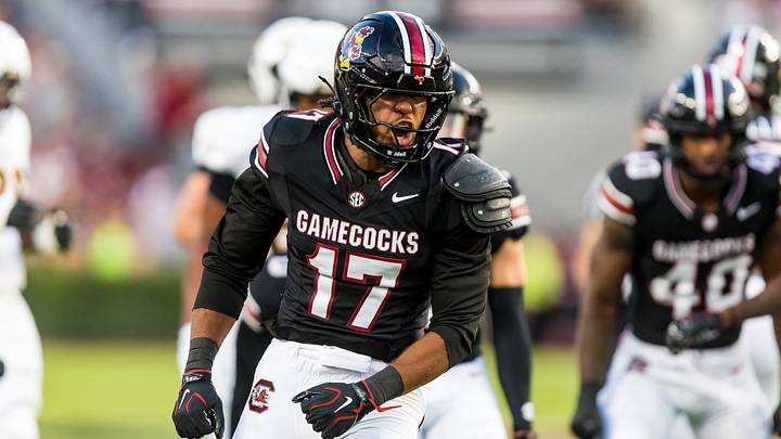 Sep 12, 2026; Columbia, South Carolina, USA;  South Carolina Gamecocks linebacker Justin Okoronkwo (17) celebrates a stop against the Towson Tigers in the first quarter at Williams-Brice Stadium.  Mandatory Credit: Jeff Blake-Imagn Images