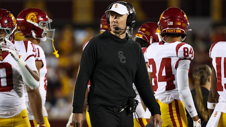Oct 5, 2024; Minneapolis, Minnesota, USA; USC Trojans head coach Lincoln Riley looks on during the first half against the Minnesota Golden Gophers at Huntington Bank Stadium. Mandatory Credit: Matt Krohn-Imagn Images