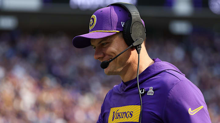 Oct 20, 2024; Minneapolis, Minnesota, USA; Minnesota Vikings head coach Kevin O'Connell reacts to running back Aaron Jones (33) touchdown during the first quarter against the Detroit Lions at U.S. Bank Stadium.