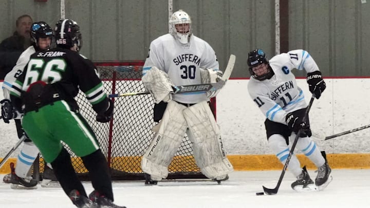 The Suffern boys ice hockey, pictured here competing against Rivertown in the Section I Division I final, is on the hunt to secure its second-straight New York State title.