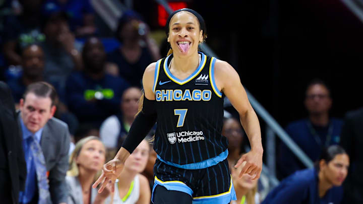 May 15, 2024; Arlington, Texas, USA;  Chicago Sky guard Chennedy Carter (7) reacts during the first quarter against the Dallas Wings at College Park Center. Mandatory Credit: Kevin Jairaj-Imagn Images