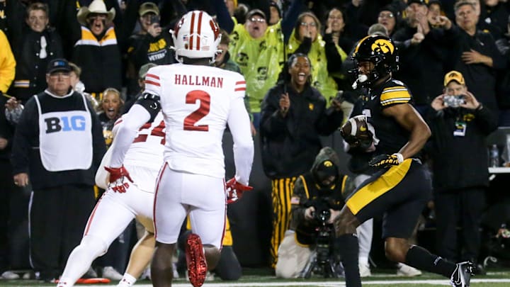 Iowa wide receiver Jacob Gill (5) runs into the endzone against Wisconsin Saturday, Nov. 2, 2024 at Kinnick Stadium in Iowa City, Iowa. Iowa wide receiver Jacob Gill (5) runs into the endzone against Wisconsin Saturday, Nov. 2, 2024 at Kinnick Stadium in Iowa City, Iowa.