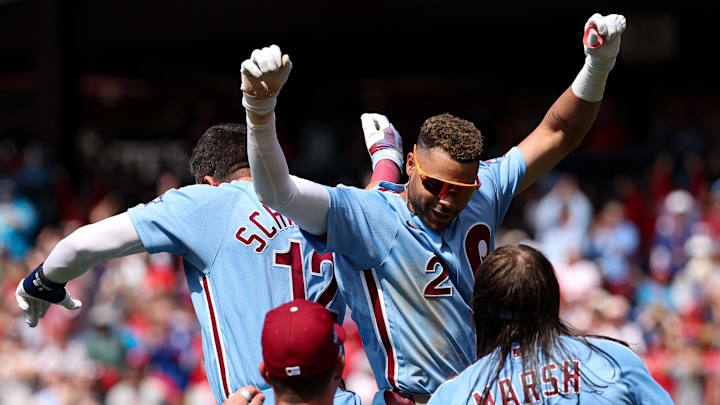 Apr 30, 2026; Philadelphia, Pennsylvania, USA; Philadelphia Phillies center fielder Justin Crawford (2) celebrates with teammates after hitting a walk off RBI single during the ninth inning against the San Francisco Giants at Citizens Bank Park. Mandatory Credit: Bill Streicher-Imagn Images