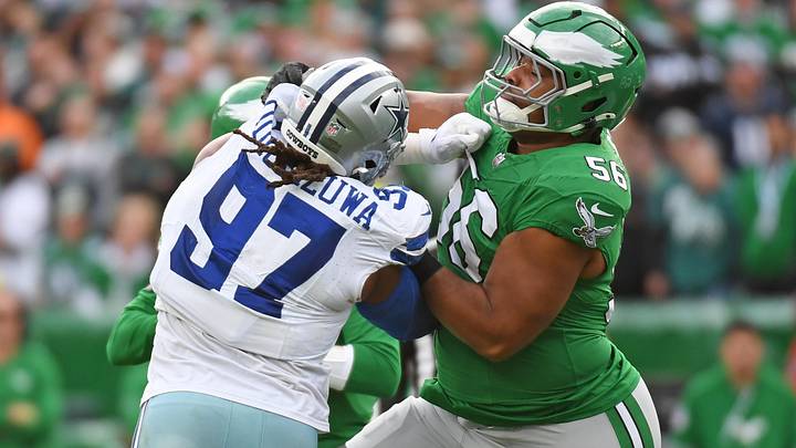 Dec 29, 2024; Philadelphia, Pennsylvania, USA; Philadelphia Eagles guard Tyler Steen (56) blocks Dallas Cowboys defensive tackle Osa Odighizuwa (97) at Lincoln Financial Field. Mandatory Credit: Eric Hartline-Imagn Images Dec 29, 2024; Philadelphia, Pennsylvania, USA; Philadelphia Eagles guard Tyler Steen (56) blocks Dallas Cowboys defensive tackle Osa Odighizuwa (97) at Lincoln Financial Field. Mandatory Credit: Eric Hartline-Imagn Images