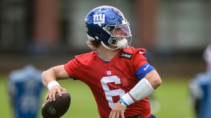 May 10, 2025; East Rutherford, NJ, USA; New York Giants quarterback Jaxson Dart (6) throws a pass during rookie minicamp at Quest Diagnostics Training Center.  