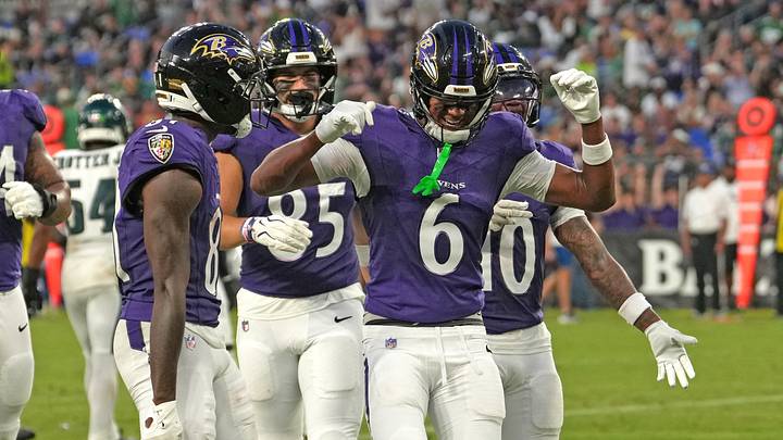 Aug 15, 2026; Baltimore, Maryland, USA; Baltimore Ravens wide receiver Ja’Kobi Lane (6) is greeted by teammates after his touchdown catch during the second quarter against the Philadelphia Eagles at M&T Bank Stadium. Mandatory Credit: Mitch Stringer-Imagn Images Aug 15, 2026; Baltimore, Maryland, USA; Baltimore Ravens wide receiver Ja’Kobi Lane (6) is greeted by teammates after his touchdown catch during the second quarter against the Philadelphia Eagles at M&T Bank Stadium. Mandatory Credit: Mitch Stringer-Imagn Images