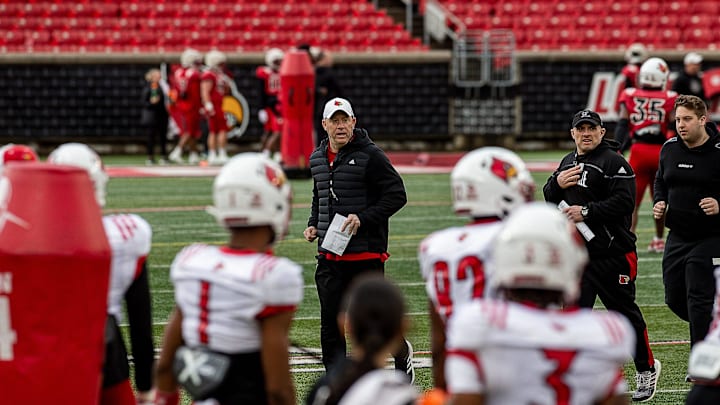 Louisville head football coach Jeff Brohm worked his team through drills at L&N Federal Credit Union Stadium on Saturday morning, Mar. 25, 2025 Louisville head football coach Jeff Brohm worked his team through drills at L&N Federal Credit Union Stadium on Saturday morning, Mar. 25, 2025