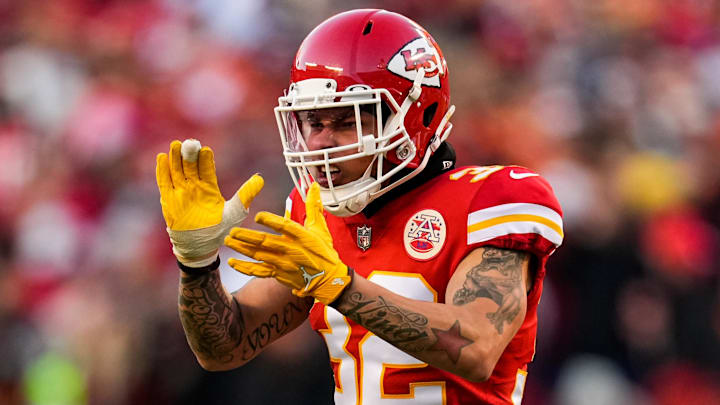 Jan 30, 2022; Kansas City, Missouri, USA; Kansas City Chiefs free safety Tyrann Mathieu (32) celebrates during the second half of the AFC Championship game against the Cincinnati Bengals at GEHA Field at Arrowhead Stadium. Mandatory Credit: Jay Biggerstaff-Imagn Images