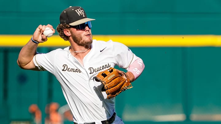 Jun 19, 2023; Omaha, NE, USA; Wake Forest Demon Deacons third baseman Brock Wilken (25) throws to