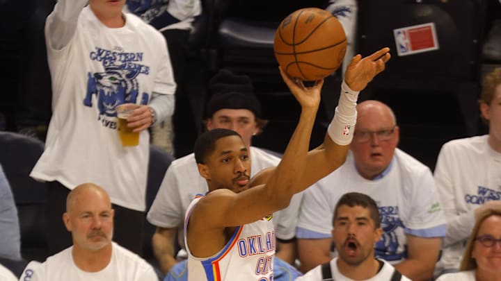 May 24, 2025; Minneapolis, Minnesota, USA; Oklahoma City Thunder guard Aaron Wiggins (21) shoots three point basket against the Minnesota Timberwolves during the first half in game three of the western conference finals for the 2025 NBA Playoffs at Target Center. May 24, 2025; Minneapolis, Minnesota, USA; Oklahoma City Thunder guard Aaron Wiggins (21) shoots three point basket against the Minnesota Timberwolves during the first half in game three of the western conference finals for the 2025 NBA Playoffs at Target Center.