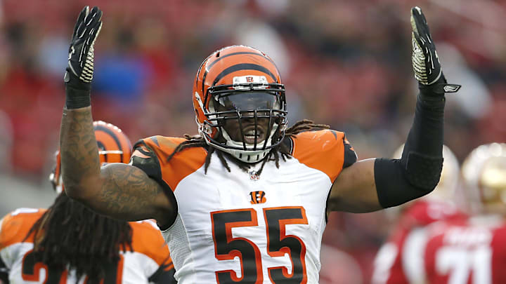 Cincinnati Bengals outside linebacker Vontaze Burfict (55) reacts to a defensive stop in the fourth quarter during the Week 15 NFL game between the Cincinnati Bengals and the San Francisco 49ers, 