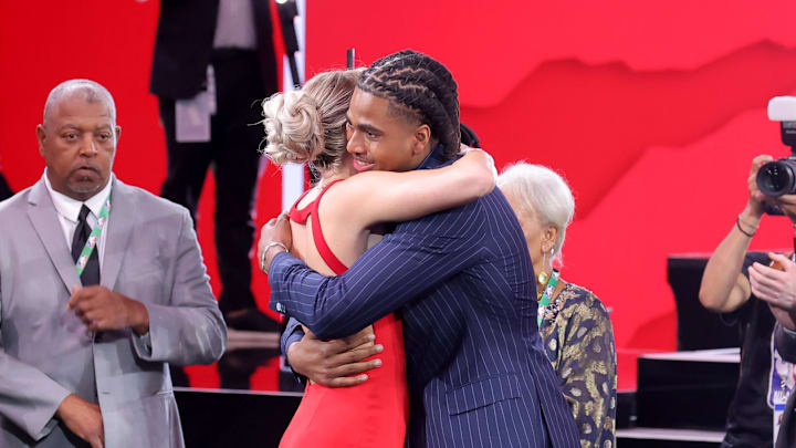 Jun 25, 2025; Brooklyn, NY, USA; Collin Murray-Boyles embraces girlfriend Chloe Kitts after being selected as the ninth pick by the Toronto Raptors in the first round of the 2025 NBA Draft at Barclays Center. Mandatory Credit: Brad Penner-Imagn Images Jun 25, 2025; Brooklyn, NY, USA; Collin Murray-Boyles embraces girlfriend Chloe Kitts after being selected as the ninth pick by the Toronto Raptors in the first round of the 2025 NBA Draft at Barclays Center. Mandatory Credit: Brad Penner-Imagn Images