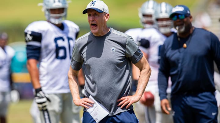 Jul 29, 2021; Oxnard, CA, USA; Dallas Cowboys offensive line coach Joe Philbin during training camp