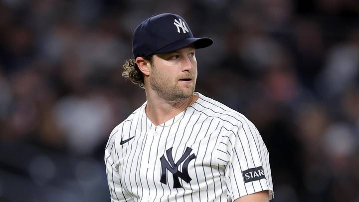 May 22, 2026; Bronx, New York, USA; New York Yankees starting pitcher Gerrit Cole (45) reacts as he walks off the field after the top of the sixth inning against the Tampa Bay Rays at Yankee Stadium. Mandatory Credit: Brad Penner-Imagn Images