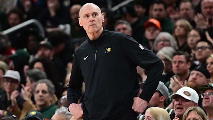 Apr 27, 2025; Milwaukee, Wisconsin, USA; Indiana Pacers head coach Rick Carlisle looks on in the fourth quarter against the Milwaukee Bucks during game four of first round for the 2024 NBA Playoffs at Fiserv Forum. Mandatory Credit: Benny Sieu-Imagn Images