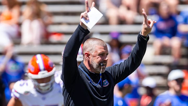 Florida Gators head coach Billy Napier blows his whistle during warm ups before the Orange and Blue game at Ben Hill Griffin Stadium in Gainesville, FL on Saturday, April 13, 2024 [Doug Engle/Gainesville Sun]2024