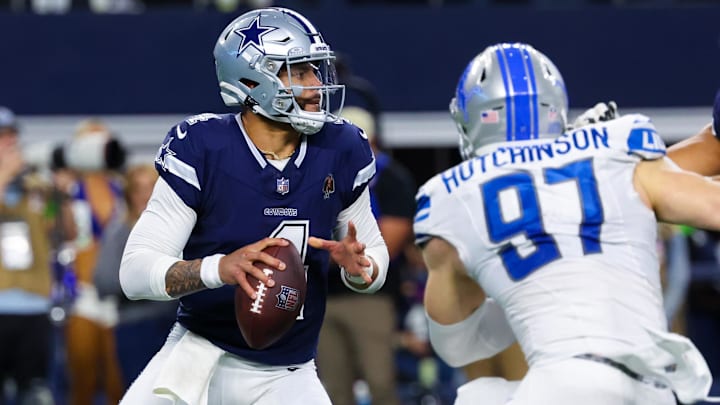 Dec 30, 2023; Arlington, Texas, USA; Dallas Cowboys quarterback Dak Prescott (4) throws as Detroit Lions defensive end Aidan Hutchinson (97) rushes during the second half at AT&T Stadium. Mandatory Credit: Kevin Jairaj-Imagn Images Dec 30, 2023; Arlington, Texas, USA; Dallas Cowboys quarterback Dak Prescott (4) throws as Detroit Lions defensive end Aidan Hutchinson (97) rushes during the second half at AT&T Stadium. Mandatory Credit: Kevin Jairaj-Imagn Images