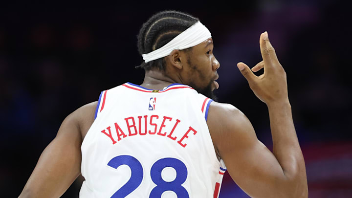 Mar 26, 2025; Philadelphia, Pennsylvania, USA; Philadelphia 76ers forward Guerschon Yabusele (28) reacts to his three pointer against the Washington Wizards during the first quarter at Wells Fargo Center. Mandatory Credit: Bill Streicher-Imagn Images Mar 26, 2025; Philadelphia, Pennsylvania, USA; Philadelphia 76ers forward Guerschon Yabusele (28) reacts to his three pointer against the Washington Wizards during the first quarter at Wells Fargo Center. Mandatory Credit: Bill Streicher-Imagn Images