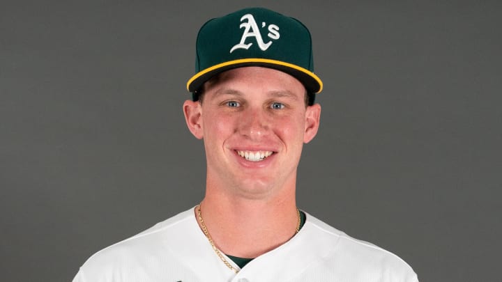 Feb 23, 2023; Mesa, AZ, USA; Oakland Athletics infielder Logan Davidson (49) poses for a portrait during spring training photo day at HoHoKam Stadium. Mandatory Credit: Allan Henry-USA TODAY Sports