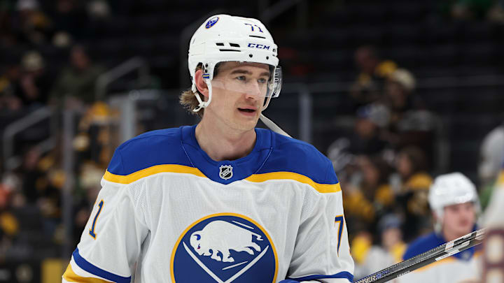 Ryan McLeod (71) in warmups against the Boston Bruins