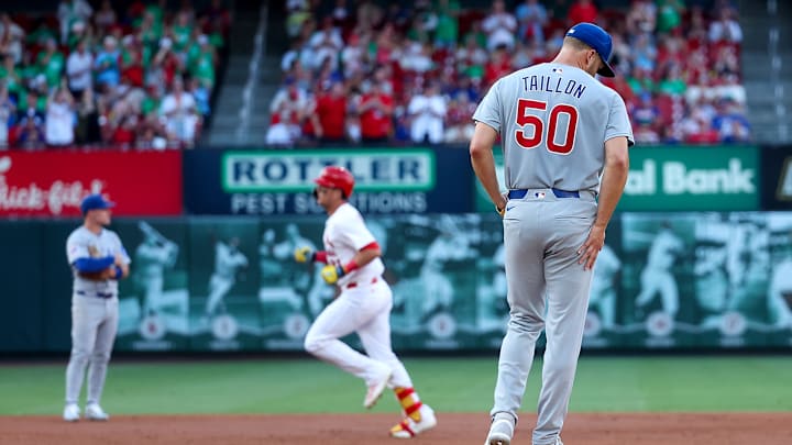 Chicago Cubs starting pitcher Jameson Taillon surrenders a home run to Lars Nootbar.