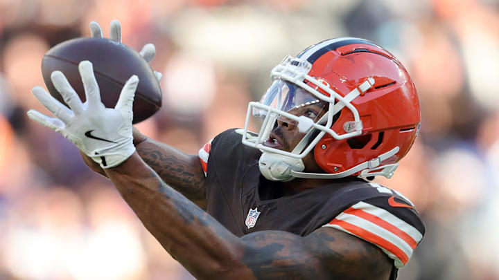 Cleveland Browns wide receiver Cedric Tillman (19) catches the game-winning touchdown pass during the second half of an NFL football game against the Baltimore Ravens at Huntington Bank Field, Sunday, Oct. 27, 2024, in Cleveland, Ohio. Cleveland Browns wide receiver Cedric Tillman (19) catches the game-winning touchdown pass during the second half of an NFL football game against the Baltimore Ravens at Huntington Bank Field, Sunday, Oct. 27, 2024, in Cleveland, Ohio.