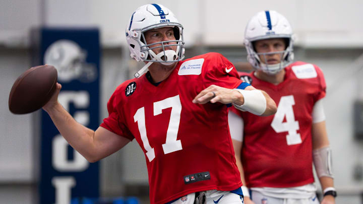 Indianapolis Colts quarterback Philip Rivers (17) drops back to pass Wednesday, Dec. 10, 2025, during practice at the Colts training facility in Indianapolis. Indianapolis Colts quarterback Philip Rivers (17) drops back to pass Wednesday, Dec. 10, 2025, during practice at the Colts training facility in Indianapolis.
