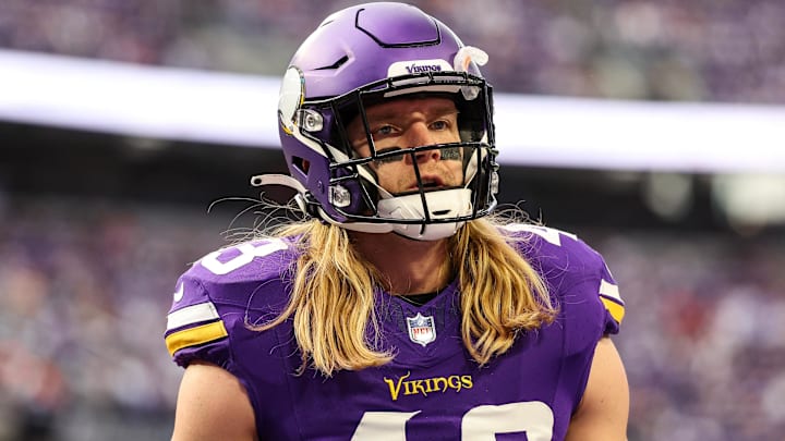 Dec 8, 2024; Minneapolis, Minnesota, USA; Minnesota Vikings linebacker Andrew Van Ginkel (43) looks on before the game against the Atlanta Falcons at U.S. Bank Stadium.