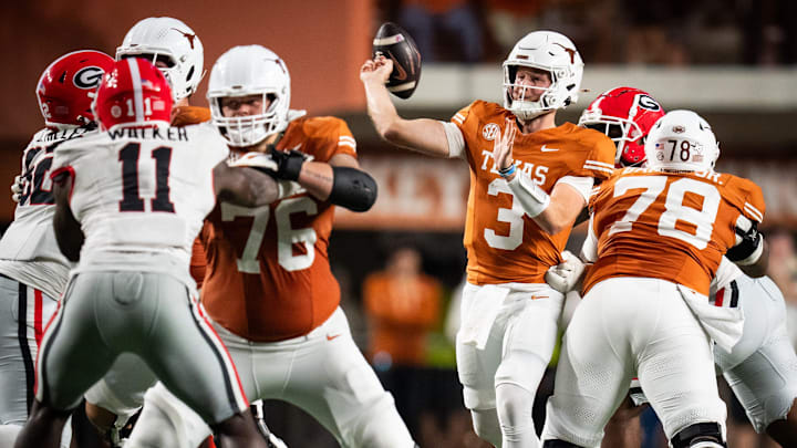 Oct 19, 2024; Austin, Texas, USA; Texas Longhorns quarterback Quinn Ewers (3) throws a pass against the Georgia Bulldogs in the fourth quarter at Darrell K. Royal Texas Memorial Stadium. Mandatory Credit: Sara Diggins/USA TODAY Network via Imagn Images