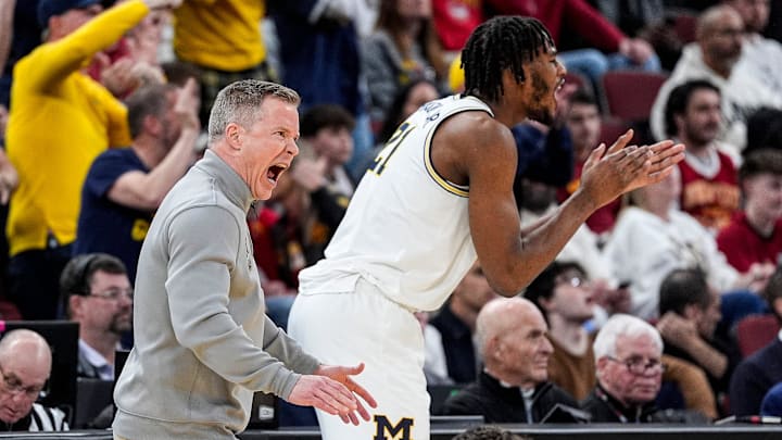 Michigan head coach Dusty May reacts to a play against Alabama during the second half of NCAA Tournament Sweet 16 round at United Center in Chicago on Friday, March 27, 2026.
