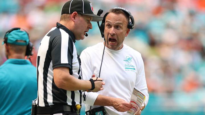 Miami Dolphins head coach Jeff Hafley argues with an official during the second quarter of the game against the Kansas City Chiefs at Hard Rock Stadium. Miami Dolphins head coach Jeff Hafley argues with an official during the second quarter of the game against the Kansas City Chiefs at Hard Rock Stadium.