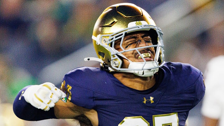 Notre Dame linebacker Kyngstonn Viliamu-Asa celebrates after getting a stop against Texas A&M at Notre Dame Stadium on Saturday, Sept. 13, 2025, in South Bend.