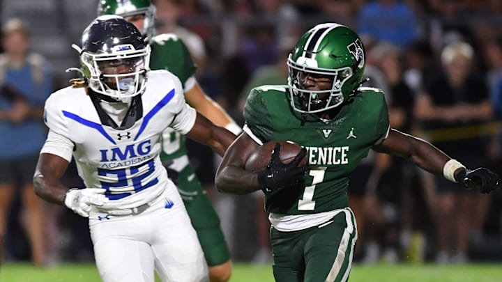 Venice High wide receiver Winston Watkins (#1) is pursued by IMG Academy defender Tranard Roberts (#22). The Venice High School Indians hosted the IMG Academy Ascenders National team on Friday, Oct. 4, 2024. Venice High wide receiver Winston Watkins (#1) is pursued by IMG Academy defender Tranard Roberts (#22). The Venice High School Indians hosted the IMG Academy Ascenders National team on Friday, Oct. 4, 2024.