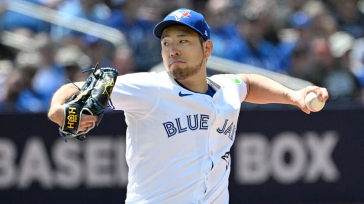 Jun 6, 2024; Toronto, Ontario, CAN;  Toronto Blue Jays starting pitcher Yusei Kikuchi (16) delivers a pitch against the Baltimore Orioles in the fifth inning at Rogers Centre. Mandatory Credit: Dan Hamilton-USA TODAY Sports