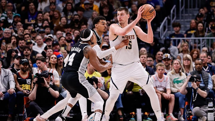Apr 2, 2024; Denver, Colorado, USA; Denver Nuggets center Nikola Jokic (15) controls the ball