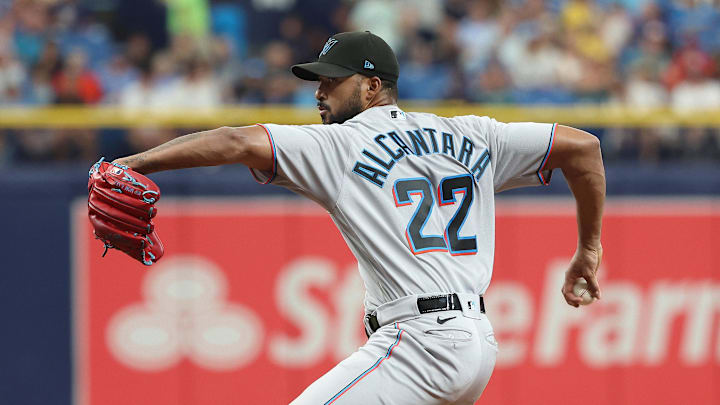 Jul 26, 2023; St. Petersburg, Florida, USA; Miami Marlins starting pitcher Sandy Alcantara (22) throws a pitch during the sixth inning against the Tampa Bay Rays at Tropicana Field.