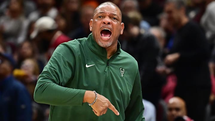 Nov 4, 2024; Cleveland, Ohio, USA; Milwaukee Bucks head coach Doc Rivers reacts during the first half against the Cleveland Cavaliers at Rocket Mortgage FieldHouse. Mandatory Credit: Ken Blaze-Imagn Images Nov 4, 2024; Cleveland, Ohio, USA; Milwaukee Bucks head coach Doc Rivers reacts during the first half against the Cleveland Cavaliers at Rocket Mortgage FieldHouse. Mandatory Credit: Ken Blaze-Imagn Images