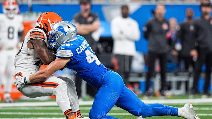 Detroit Lions linebacker Jack Campbell (46) tackles Cleveland Browns running back Quinshon Judkins (10) during the second half at Ford Field in Detroit on Sunday, Sept. 28, 2025. Detroit Lions linebacker Jack Campbell (46) tackles Cleveland Browns running back Quinshon Judkins (10) during the second half at Ford Field in Detroit on Sunday, Sept. 28, 2025.