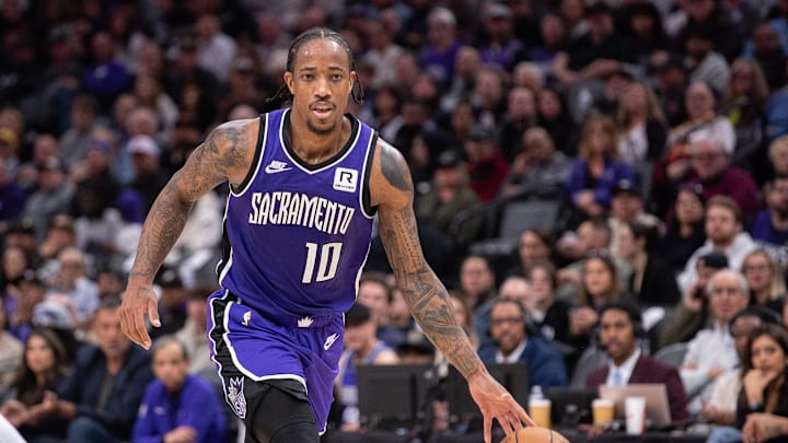 Nov 25, 2024; Sacramento, California, USA; Sacramento Kings forward DeMar DeRozan (10) pushes the ball up the court against the Oklahoma City Thunder during the second quarter at Golden 1 Center. Mandatory Credit: Ed Szczepanski-Imagn Images