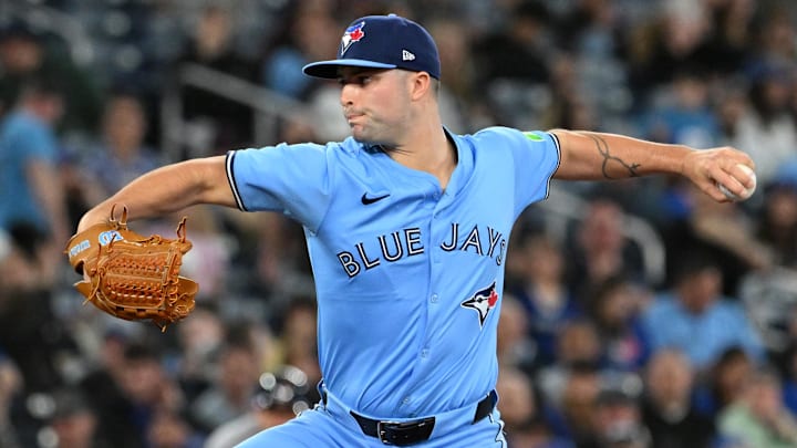 May 1, 2025; Toronto, Ontario, CAN;  Toronto Blue Jays relief pitcher Mason Fluharty (68) delivers a pitch against the Boston Red Sox in the seventh inning at Rogers Centre. 