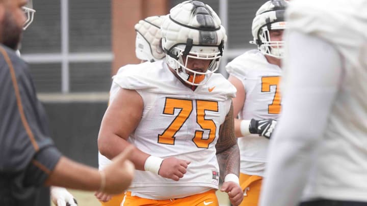 Tennessee offensive lineman Wendell Moe Jr. (75) at the first University of Tennessee spring football practice, Friday, March 7, 2025. Tennessee offensive lineman Wendell Moe Jr. (75) at the first University of Tennessee spring football practice, Friday, March 7, 2025.