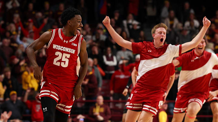 Jan 13, 2026; Minneapolis, Minnesota, USA; Wisconsin Badgers guard John Blackwell (25) celebrates his game winning three-point basket against the Minnesota Golden Gophers during the second half at Williams Arena. Mandatory Credit: Matt Krohn-Imagn Images