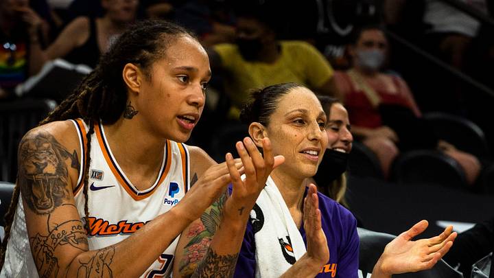 Olympic gold medalists, guard, and five-time gold medalist, Diana Taurasi (3) and center Brittney Griner (42), take a rest on the sidelines during the first post-Olympic game at the Footprint Center in Phoenix, Aug. 15, 2021.
Cent02 7h45hkwg75yt2c5o837 Original Olympic gold medalists, guard, and five-time gold medalist, Diana Taurasi (3) and center Brittney Griner (42), take a rest on the sidelines during the first post-Olympic game at the Footprint Center in Phoenix, Aug. 15, 2021.
Cent02 7h45hkwg75yt2c5o837 Original