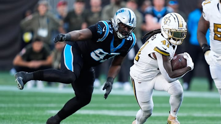 New Orleans Saints running back Alvin Kamara (41) rushes during the fourth quarter against the Carolina Panthers