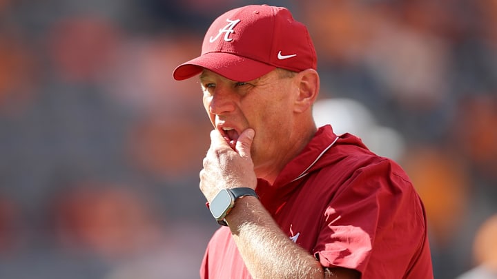 Oct 19, 2024; Knoxville, Tennessee, USA; Alabama Crimson Tide head coach Kalen DeBoer looks on before a game against the Tennessee Volunteers at Neyland Stadium. Mandatory Credit: Randy Sartin-Imagn Images Oct 19, 2024; Knoxville, Tennessee, USA; Alabama Crimson Tide head coach Kalen DeBoer looks on before a game against the Tennessee Volunteers at Neyland Stadium. Mandatory Credit: Randy Sartin-Imagn Images