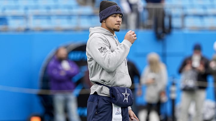 Dallas Cowboys quarterback Trey Lance during pregame warmups against the Carolina Panthers.