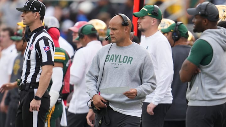 Nov 29, 2025; Waco, Texas, USA;  Baylor Bears head coach Dave Aranda reacts on the sidelines during the second half against the Houston Cougars at McLane Stadium. Mandatory Credit: Chris Jones-Imagn Images