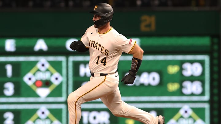 Apr 7, 2025; Pittsburgh, Pennsylvania, USA;  Pittsburgh Pirates catcher Joey Bart (14) runs the bases on an RBI triple against the St. Louis Cardinals during the seventh inning at PNC Park. Mandatory Credit: Charles LeClaire-Imagn Images