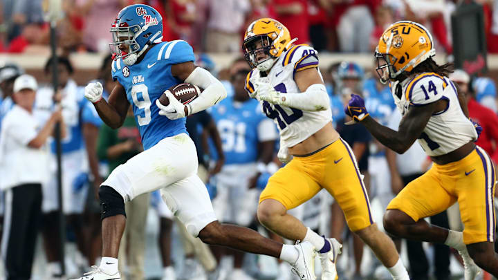 Sep 30, 2023; Oxford, Mississippi, USA; Mississippi Rebels wide receiver Tre Harris (9) runs after a catch during the first half against the LSU Tigers at Vaught-Hemingway Stadium. Mandatory Credit: Petre Thomas-USA TODAY Sports